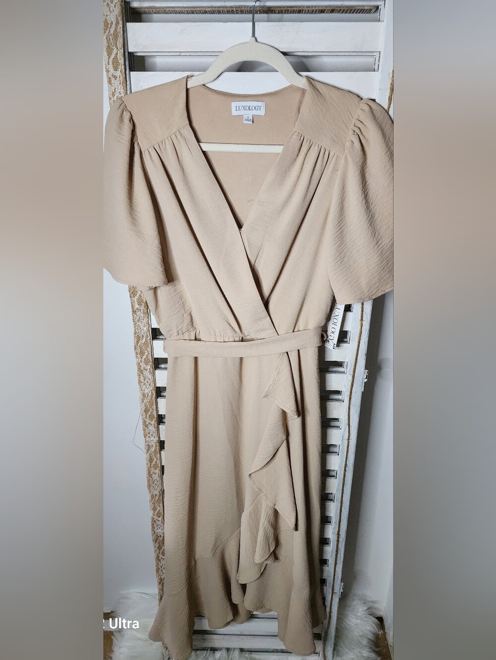 Luxology Beige Wrap Midi Dress with Ruffle Detail